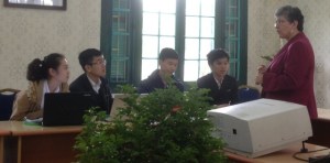 Dr. Jean Hernandez, President, Edmonds Community College, speaking with ISEF participants during an April 2013 visit to Chu Van An High School in Hanoi.